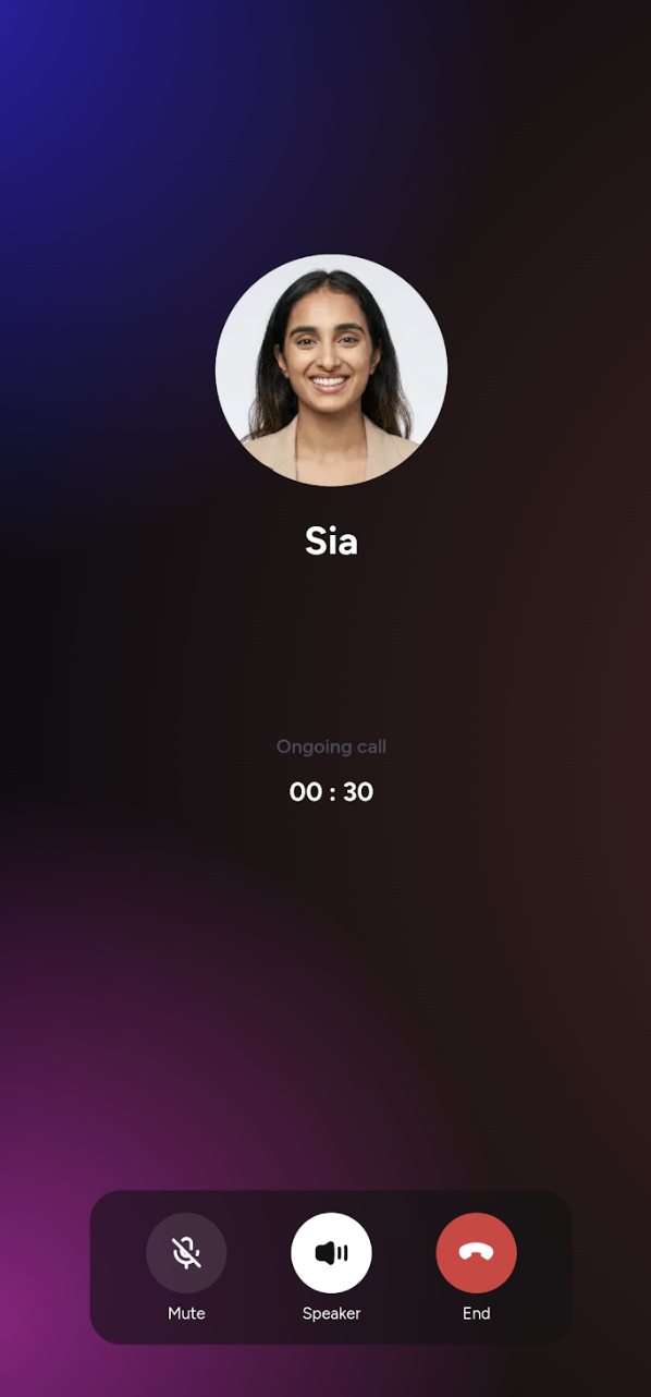 SpeakX app screen showing a live voice call with Sia, the AI English tutor, for daily English speaking practice