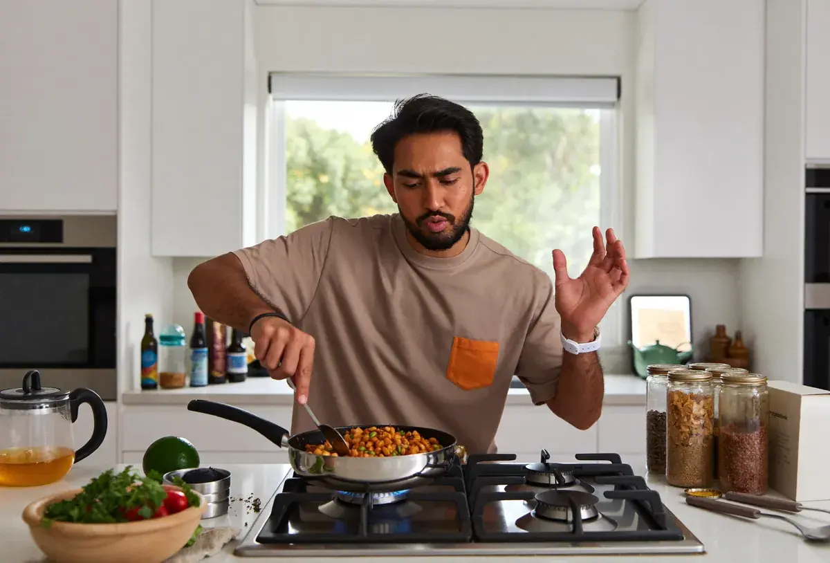 A young Indian man cooking at home and narrating his day out loud to practice spoken English by himself